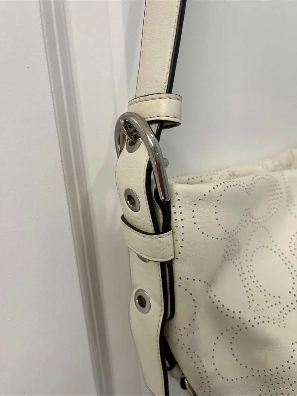 Coach Off White Perforated Signature Leather Shoulder Bag Pink Lining